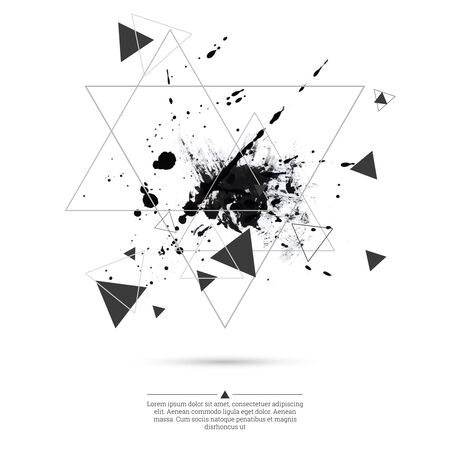 Abstract background with hipster triangles and ink splatter, black drop . Triangle pattern background. For cover book, brochure, flyer, poster, magazine, cd cover design, t-shirts design, printのイラスト素材