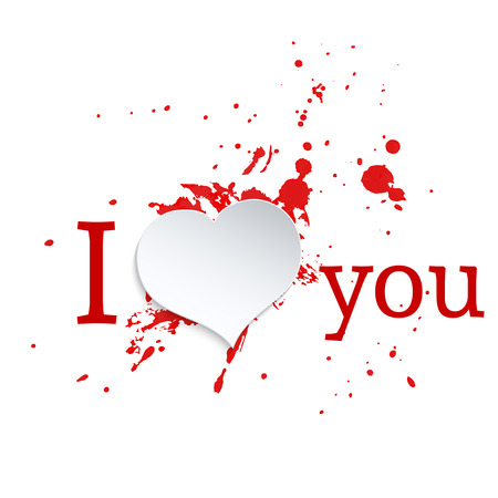 Ink splatter with small drops of red. Grunge vector hand drawn background. vector. ink blot. Paper heart and inscription I love you. for postcards, valentines, t-shirts design, printのイラスト素材