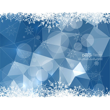 Modern winter abstract background with snowflakes, triangles, polygon mesh, bokeh, stars and sparks. Happy New Year and Merry Christmas. Greeting cardのイラスト素材