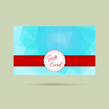 Gift card with a round badge and red ribbon. vector. Background of triangles and polygon mesh. 
turquoise, blue, green, ocean colorのイラスト素材