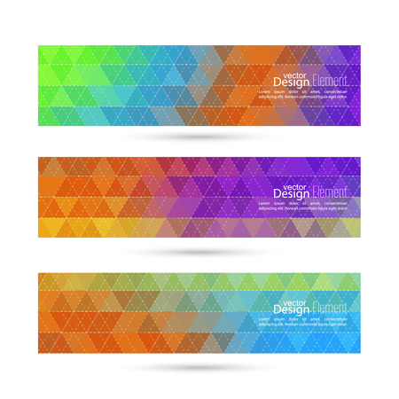 Set of vector banners with triangles and polygon mesh. For websites, internet, paper stickers, labels,  mobile app, annual report template. Polygonal mosaic. blue, yellow, purple, orange, greenのイラスト素材