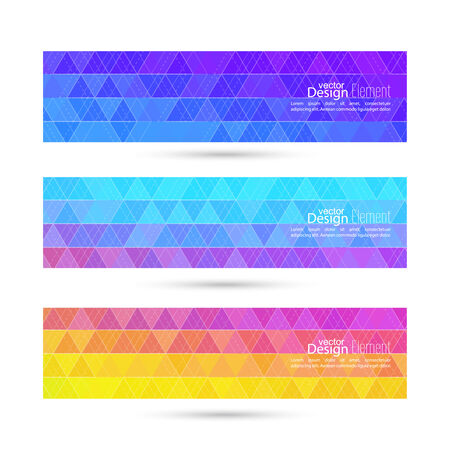 Set of vector banners with triangles and polygon mesh. For websites, internet, paper stickers, labels,  mobile app, annual report template. Polygonal mosaic. blue, yellow, purple, orange, green, magentaのイラスト素材
