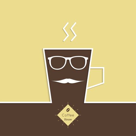 Abstract background with a cup of coffee, with a mustache and sun glasses and text Coffee house. for menu, restaurant, cafe, bar, coffeehouse.  Outlineのイラスト素材
