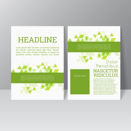 Vector brochure template design with triangles, icons and different elements. Flyer or booklet Layout. Spring, green products, eco and bio clearanceのイラスト素材