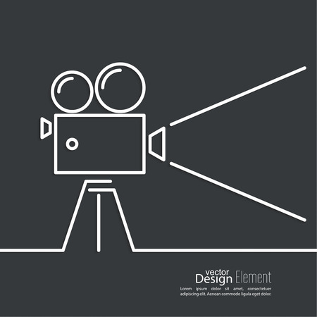 Old movie camera with reel on a dark background and a ray of light. Symbol of the film industry, cinema, photography. minimal. Outline.のイラスト素材