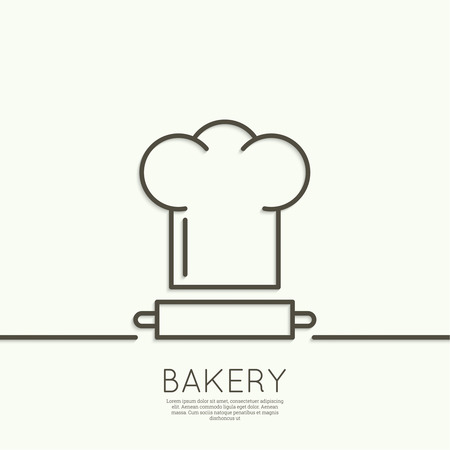 Chef hat and rolling pin for test. Sign, emblem, badge, banner for confectionery, bakery. concept of fresh baking. minimal. Outline.のイラスト素材