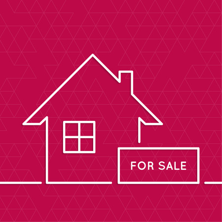 House with a sign for sale. Rental housing. real estate logo. red. minimal. Outline.のイラスト素材
