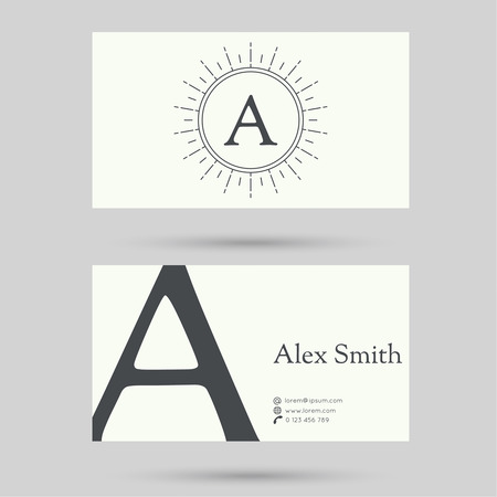 Trendy business card template with vintage hipster banners, insignias, radial sunbusrt. Flat design. minimalism, outline. icon or corporate identity. letter aのイラスト素材