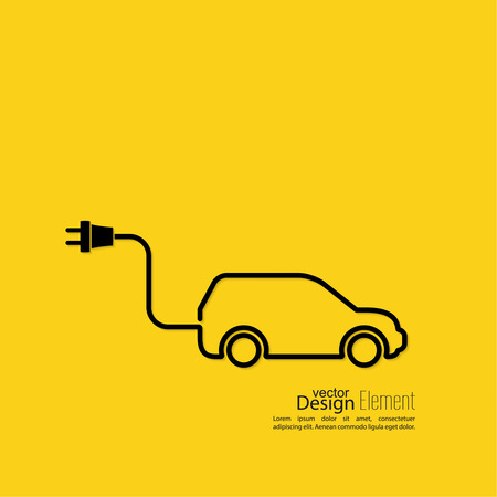Icon of a hybrid car that runs on electricity. Recharge and clean energy. flat design. minimal. Outline. yellow backgroundのイラスト素材