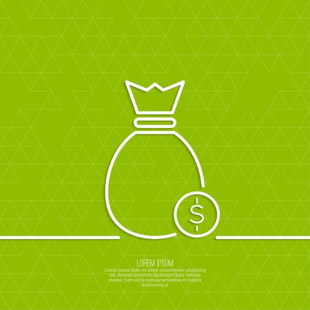 Bag with coins on a green background with triangles. Symbol of winning a prize, an award money. minimal. Outline.のイラスト素材