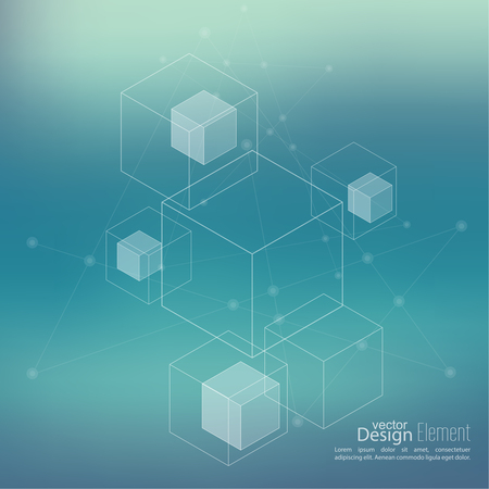 Abstract neat Blurred Background with transparent cubes, hexagons carcass. Techno design of future, minimalism.のイラスト素材
