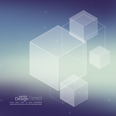 Abstract neat Blurred Background with transparent cubes, hexagons carcass. Techno design of future, minimalism. technology, science and research. cyberspace cells. Digital Data Visualization.のイラスト素材