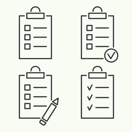 Set vector icons. clipboard with to do list and pencil. Lines with check boxes. checklist for note. consent. check mark. election and voting. outline. minimalのイラスト素材