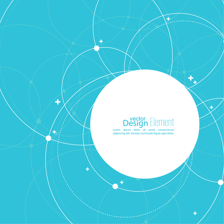Abstract background with overlapping circles and dots. Chaotic motion. Round banner with empty space for text. Node molecule structure. Science and connection concept.のイラスト素材