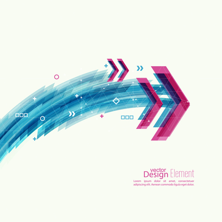 Abstract background with blue stripes, plus and curves. Concept  new technology and dynamic motion. Digital Data Visualization. Arc with symbols. Red angular pointerのイラスト素材