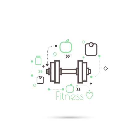 Apple and dumbbell with weights. The concept of  healthy diet and weight loss. minimal. icon.のイラスト素材
