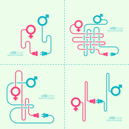 Abstract background with male and female symbols and entangled wires problems. Difficulties in the relationship between the sexes. Concept connection, connection, disconnection relations.のイラスト素材