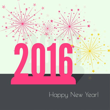 creative happy new year 2016 with bursts of multicolored fireworks. Flat design with shadow.のイラスト素材