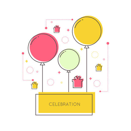 Abstract background with balloons, gifts and geometric shapes. Place for text congratulations.のイラスト素材