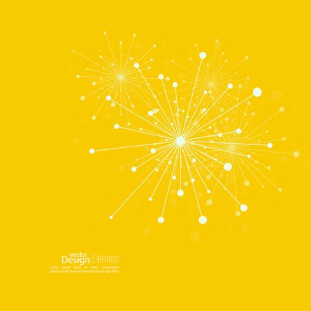 Array with dynamic emitted particles. Node molecule structure. Science and connection concept. Explosion and destruction. Techno Research, brain cells, neuronsのイラスト素材