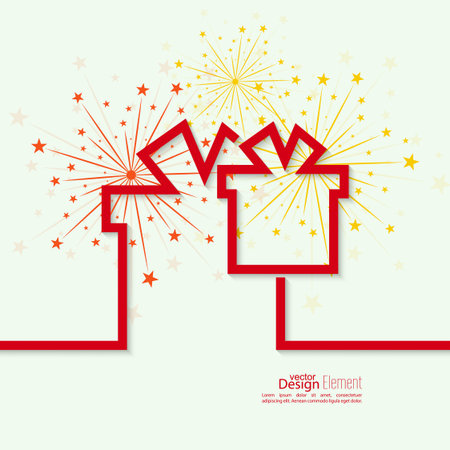 Gift box with red ribbon and colorful fireworks on light background. Congratulations on  anniversaryのイラスト素材