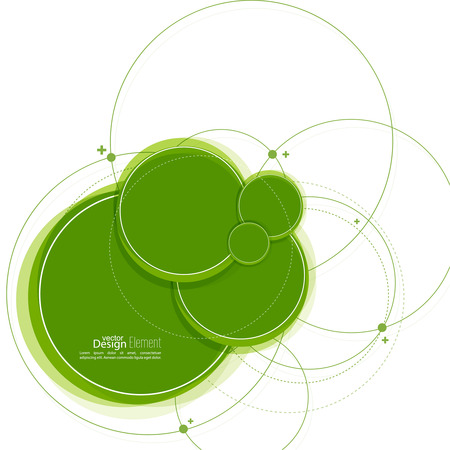 Abstract background with overlapping circles and dots. Chaotic motion. Round banner with empty space for text. Node molecule structure. Science and connection concept.のイラスト素材