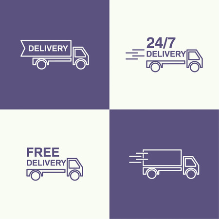 Freight transport. Concept delivery service. Truck delivers the goods. Outline. minimal. Set of vector icons.のイラスト素材