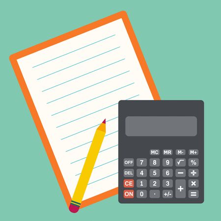 Calculator, sheets of paper and a pencil. The concept of counting and analysis, tax calculation, profit losses.のイラスト素材