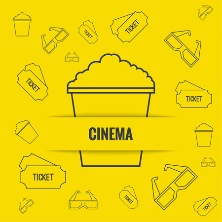 Abstract background with popcorn, 3D glasses and  tickets. The concept of a cinema and watching a movie. Layout, flyer, poster for announcementのイラスト素材