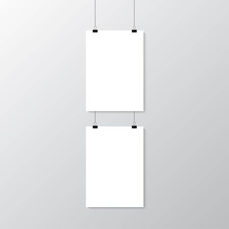 Image vector white poster hanging on binder. Grey wall with mock up empty paper blank. Layout mockup. Vertical template sheet.のイラスト素材