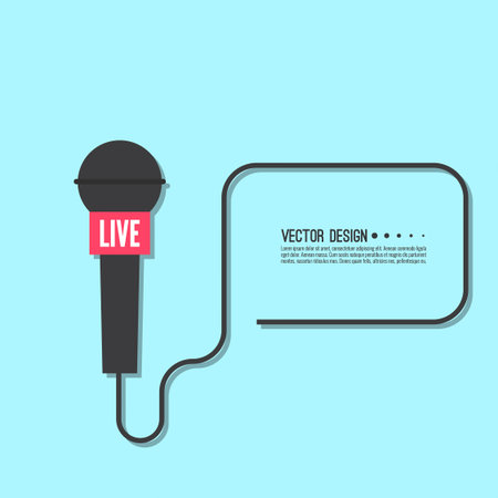 Journalism concept. Live news template with microphone. Symbol breaking news on TV and radio. Journalist, interview, reporter, press, interviewer, mass media, paparazzi, mic text box Vectorのイラスト素材