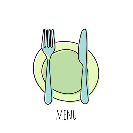 Cutlery knife, fork, plates vector doodle icons. Isolate on white background.のイラスト素材