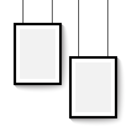 Black frame for paintings or photographs hanging on the wall. Vertical template vector mock up empty space.のイラスト素材