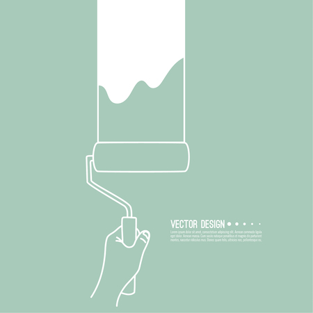 Hand holds the roller for the paint and paint the wall. Vector illustration in sketch style.のイラスト素材