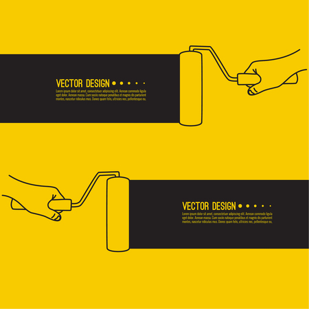 Hand holds the roller for the paint and paint the wall. Vector illustration in sketch style.のイラスト素材