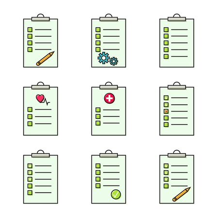 Set of checklist linear vector icon. Clipboard with checkmarks and pencil. List with ticks, check marks and medical diagnosis.のイラスト素材