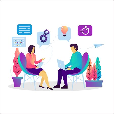 Vector illutration two of people  meeting make some conversation, business consulting. Human resources development. Suitable for web banner, landing page, ui , poster, flyer, mobile app.のイラスト素材