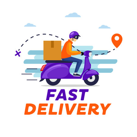 Delivery guy riding scooter with parcel box vector illustrationのイラスト素材