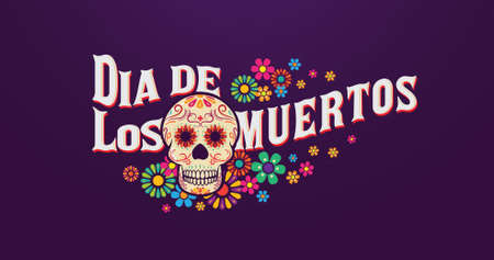 Dia De Los Muertos banner skull decorated with flowers, Mexican event holiday greeting cardのイラスト素材