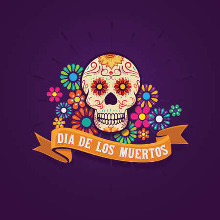 Dia De Los Muertos banner skull decorated with flowers, Mexican event holiday greeting cardのイラスト素材