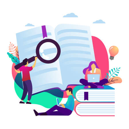 Vector illustration of student gaining knowledge, reading book, online course, stylish flat design team research information, web banners, poster, flyer templateのイラスト素材