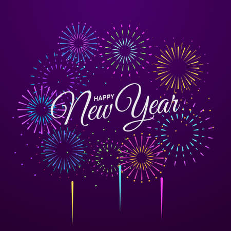 Happy New Year with fireworks explosions, poster , greeting card template, vector illustration holiday backgroundのイラスト素材