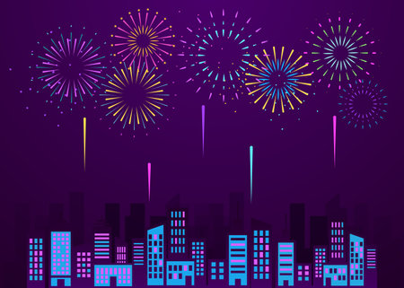 Fireworks explosions above the cityscape poster, greeting card, invitation template vector illustration backgroundのイラスト素材