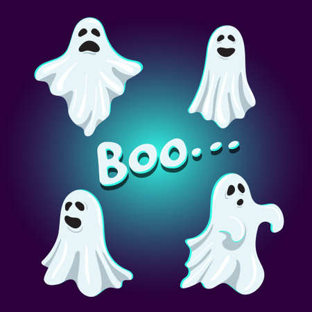 Set of cartoon ghost character with funny face vector illustration templateのイラスト素材