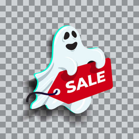 Ghost cartoon character holding sale sign, suitable for Halloween promotionのイラスト素材