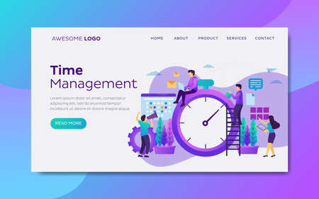 Vector flat illustration of time and schedule management. Organize working hours Landing page templateのイラスト素材