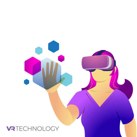 Vector illustration of female wearing VR goggle, Virtual Reality Technologiesのイラスト素材