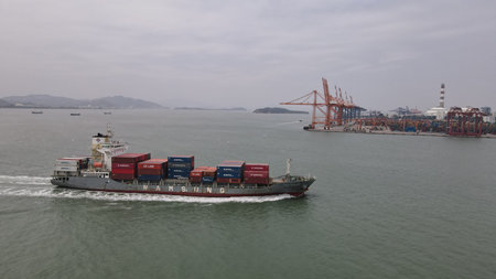 Container ships sailing in the waters of Xiamen Port