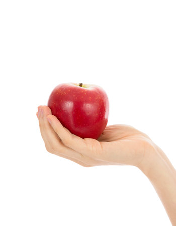 Close up of hand holding a red appleの写真素材