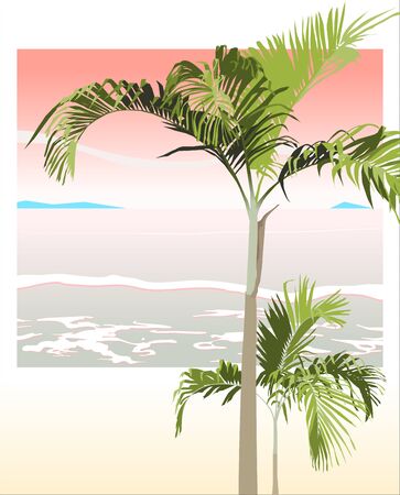 areca palm trees and sunset beach background 80's style.のイラスト素材
